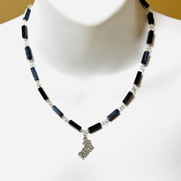 Dark Blue Goldstone Short Necklace w/ Silver Cat Person Paw Print Charm - Picture 2 of 14